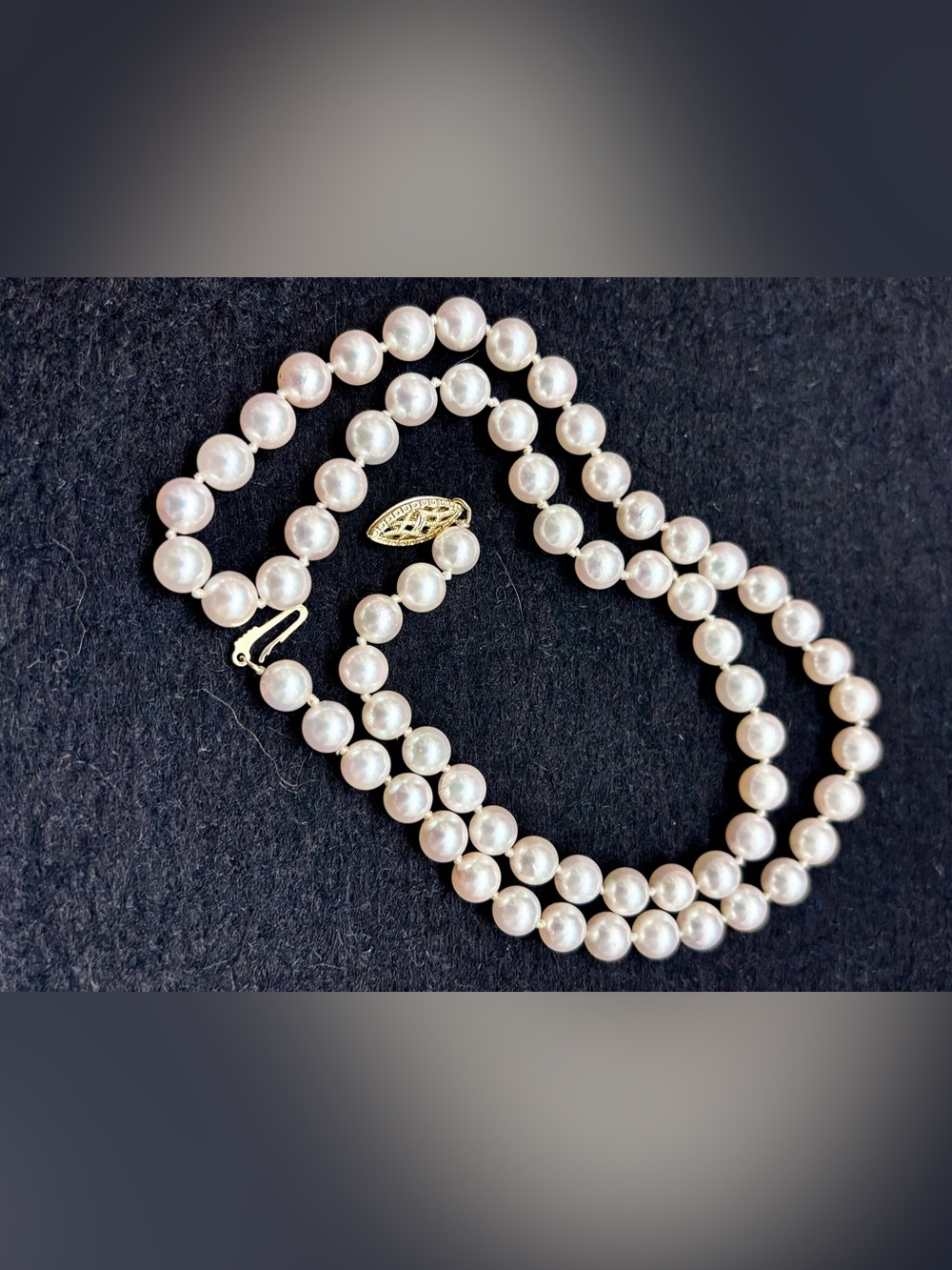 Vintage Cultured Pearl Necklace 6mm 18.5" Knotted 14K Gold Filigree Clasp.